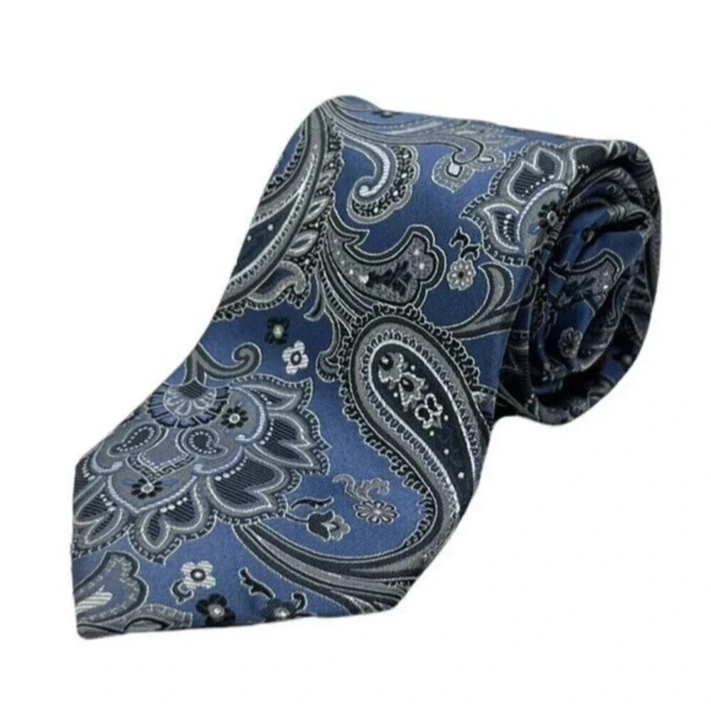 Merona 100% Silk Neck Tie Necktie Slim Plaid Blue Paisley 3.5 x‎ 58 inches​​​